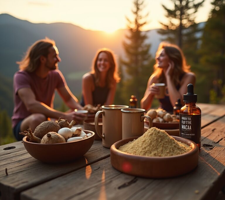 Adaptogen powder jars on outdoor wooden shelf