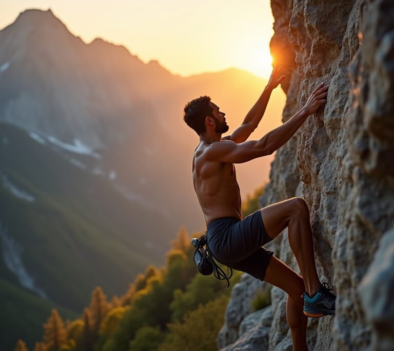Climber ascending natural rock face outdoors