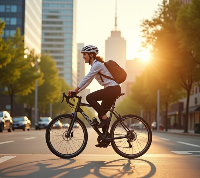 Cyclist commuting through city bike lane