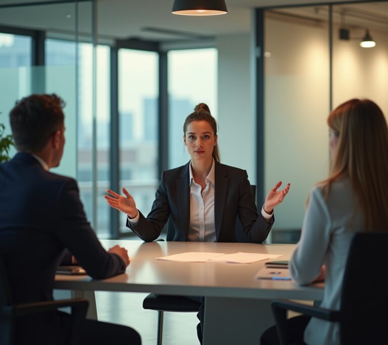 Person calmly declining in meeting setting