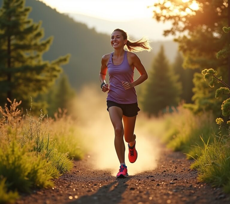 Runner on forest trail with dappled light