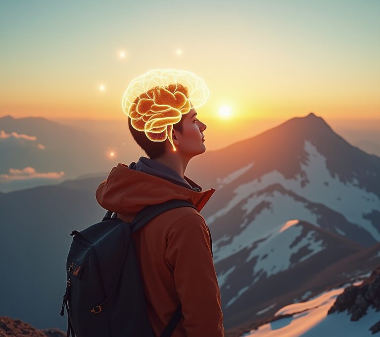 Hiker at mountain summit breathing deeply