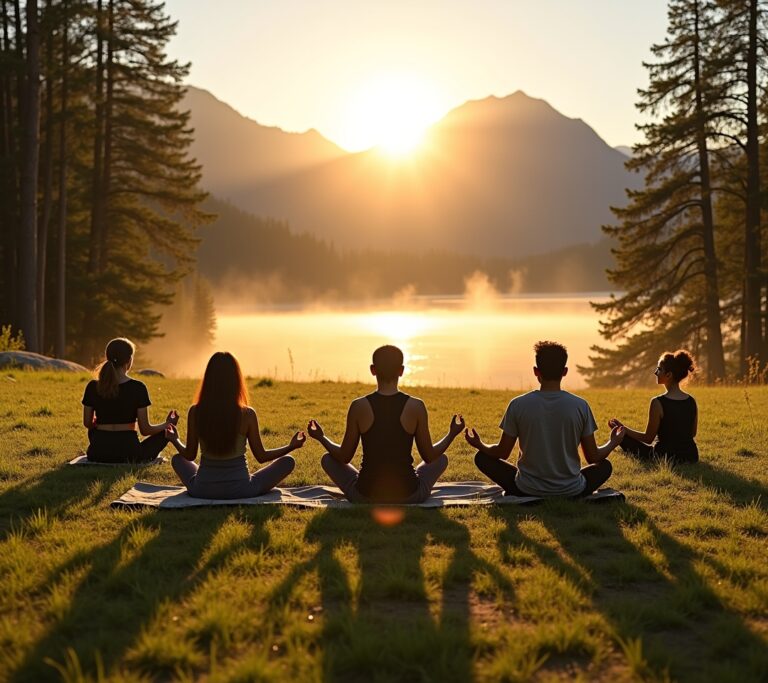 Person meditating on large flat rock by stream