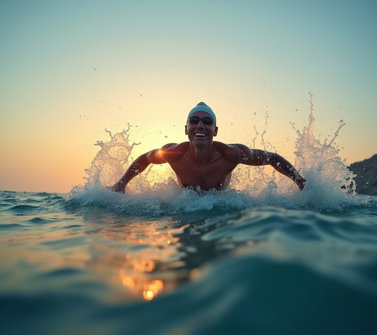 Swimmer in open lake with mountain backdrop