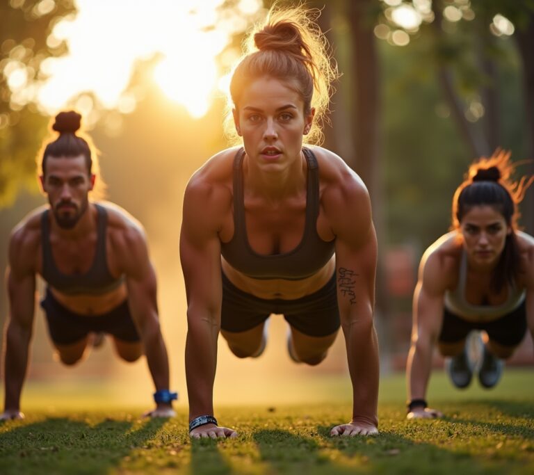 Person doing push-ups on grass in spring