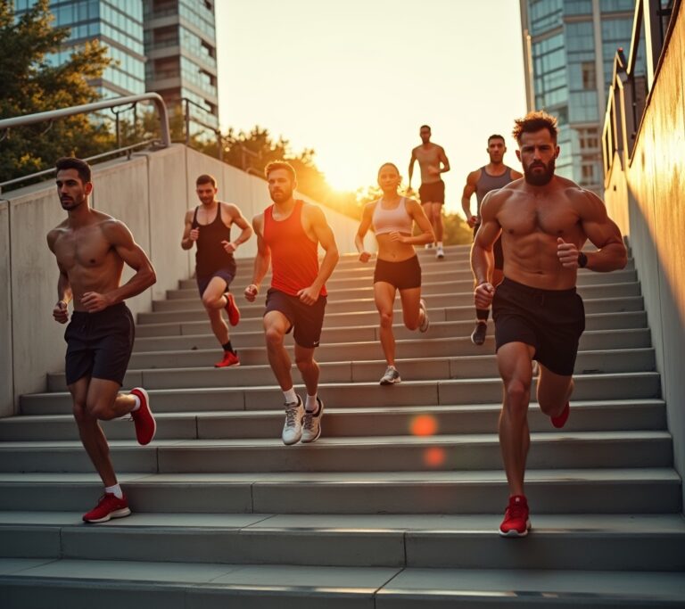 Runner sprinting up outdoor concrete stairs