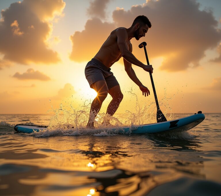Person paddleboarding on calm morning lake