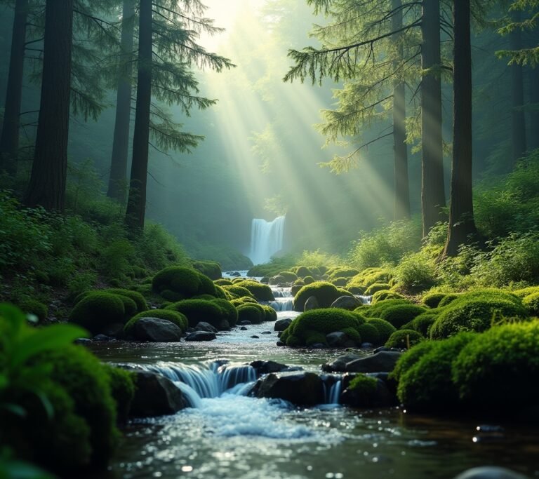 Waterfall mist in dense forest