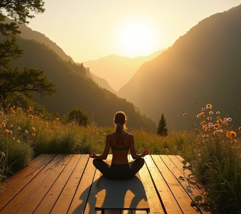 Woman doing yoga pose in open meadow