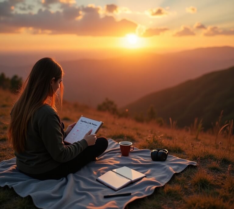 Person writing in journal on mountain overlook