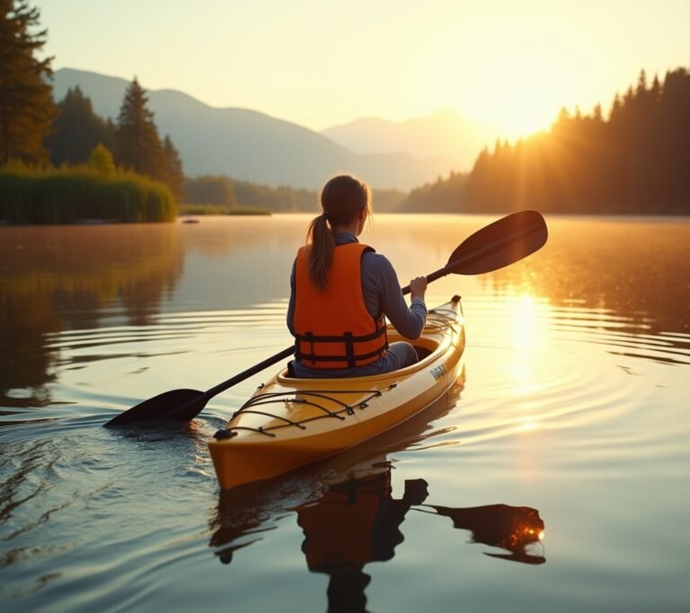 Solo kayaker on glassy calm lake at dawn