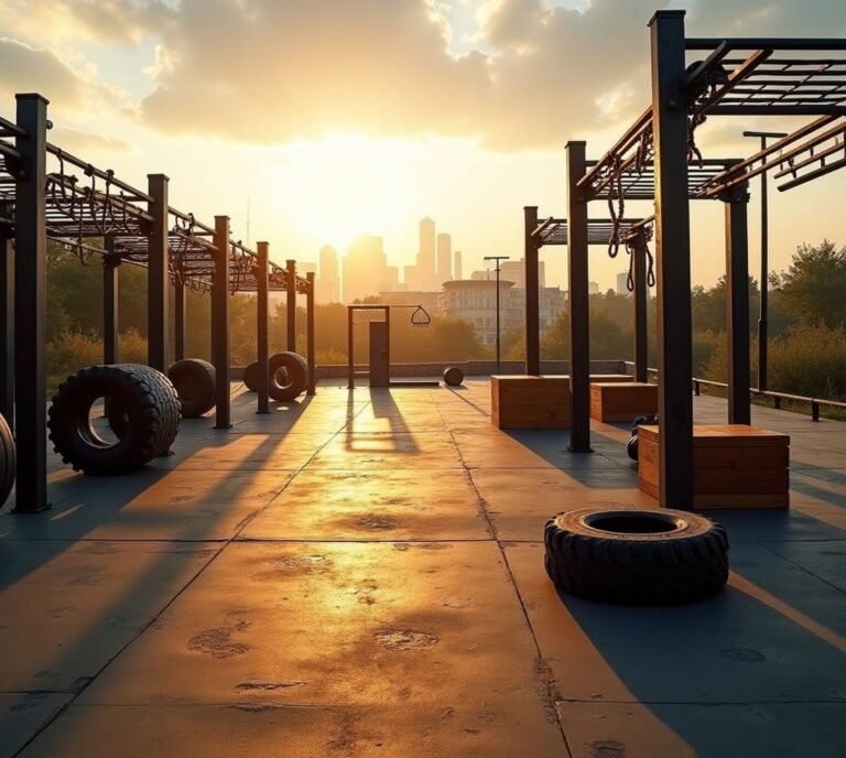 Person lifting log in outdoor workout area