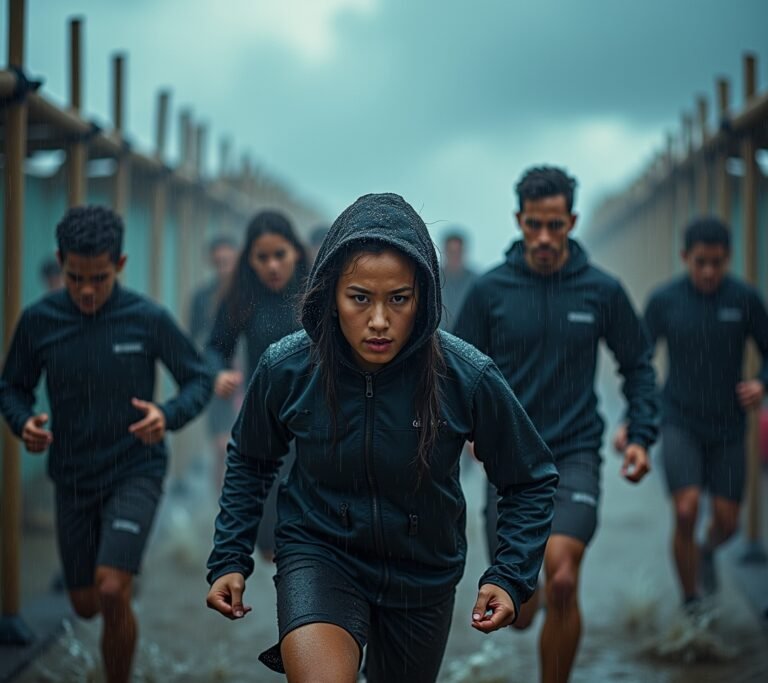 Runner pushing through heavy rain on street