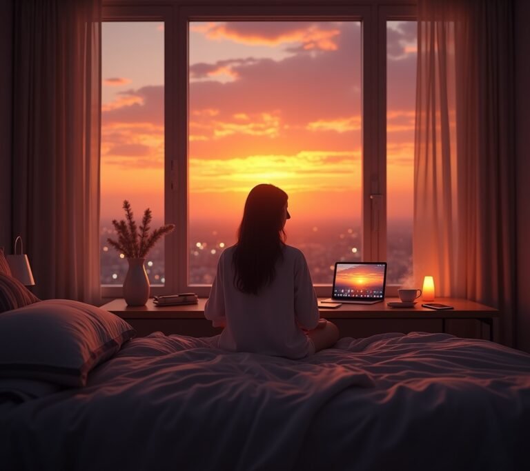 Warm lamp replacing screen glow in bedroom
